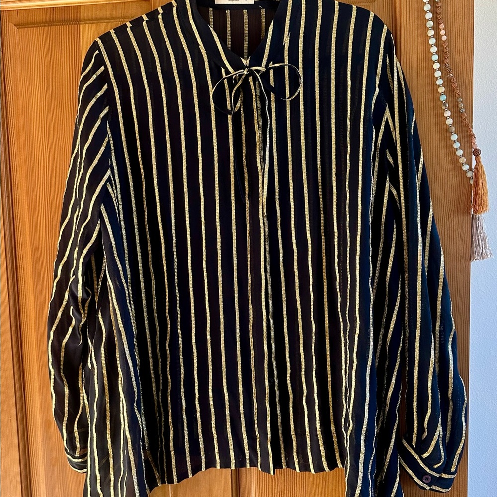 Etro Black Silk & Metallic Gold tie neck Italian Blouse